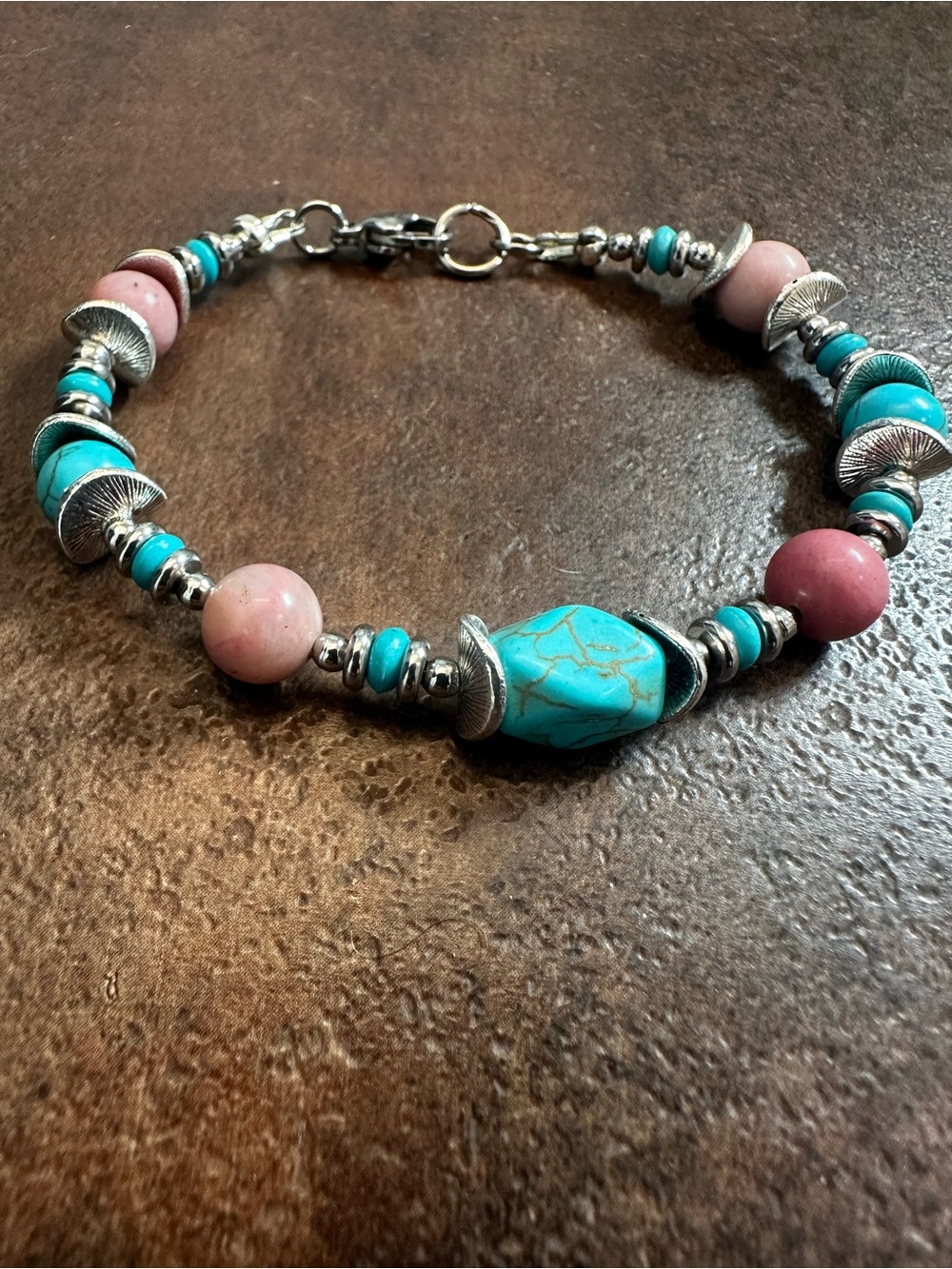 Turquoise & Pink Beaded Women's Bracelet - Silver Accents